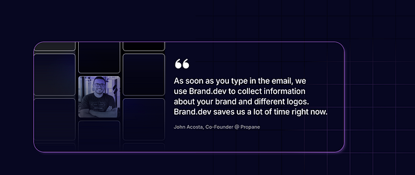 A testimonial from John Acosta about the Brand.dev platform, featuring his photo and a modern design layout.