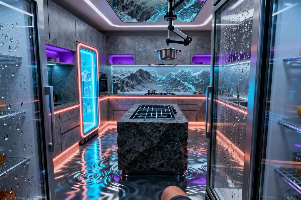 A futuristic kitchen features gray concrete cabinetry accented by cyan, magenta, and purple LED lighting. At center sits a rough granite island with an integrated black glass cooktop beneath a ceiling-mounted articulated pot arm; glass-door refrigerators with condensation flank the space, a glass backsplash displays a glowing contour-line mountain scene, and a mirrored ceiling with a liquid-gloss floor reflects the neon glow.