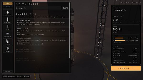 User interface of a rocket-building and launch control simulation showing vehicle blueprints, vehicle metrics, and launch options.