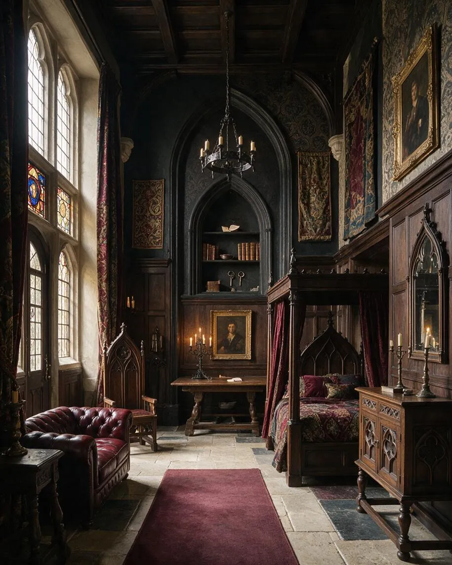 A dramatic Gothic entryway with tall stained-glass windows, dark wood paneling, a pointed-arch alcove, and a chandelier hanging from a high ceiling. The space includes a burgundy leather settee, carved wooden furniture, tapestries, candles, and a bed-like canopied nook, all in deep jewel tones and shadowy light.