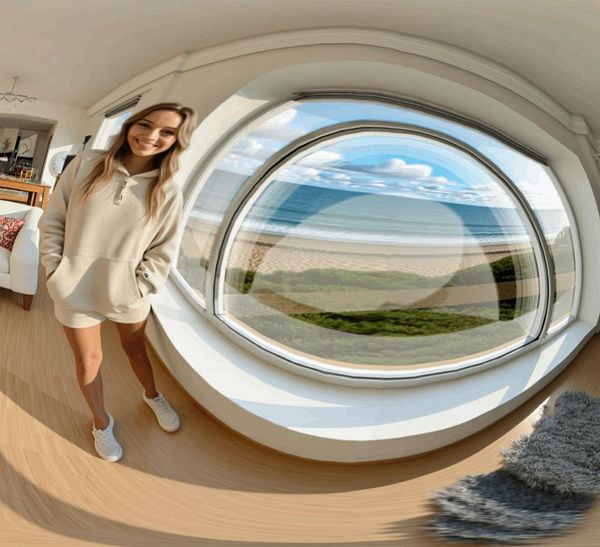 A woman stands in a bright room with a panoramic view of the beach through a large curved window.