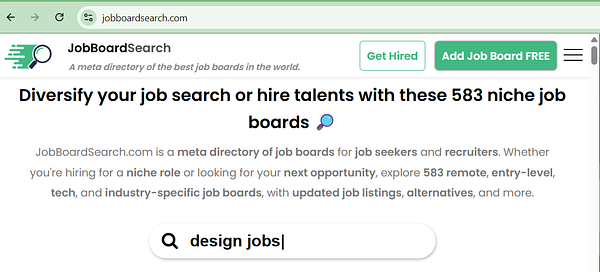 The image displays a webpage for JobBoardSearch, a directory of job boards.