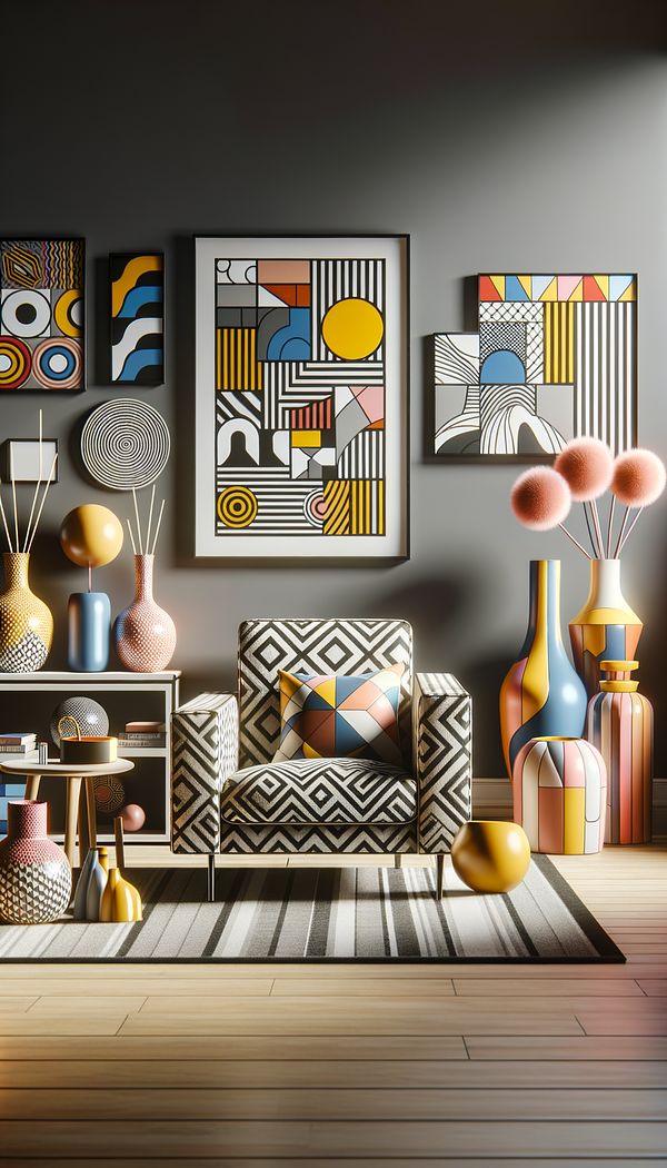 A vibrant living room featuring a Memphis-inspired armchair with bold geometric patterns, surrounded by eclectic decor including colorful vases, patterned throw pillows, and contemporary art.