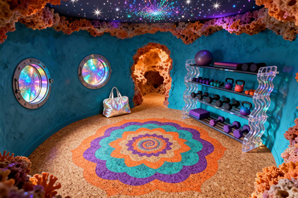 Home gym inside a turquoise, cave-like room with coral-textured edges and two round porthole windows showing iridescent colors. A cork floor centers a scalloped mandala spiral in orange, teal, purple, and tan. To the right, a wavy clear acrylic shelving unit holds neoprene dumbbells, kettlebells, yoga blocks and mats, and a purple exercise ball. An amber-lit tunnel opens at the back. Overhead, a fiber‑optic star ceiling glows, while a holographic duffel sits beneath the window.