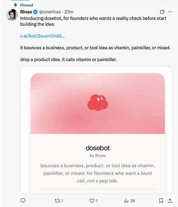 Screenshot of the DoseBot interface showing a brainstorm session with a list of suggestions for vitamins or painkillers.