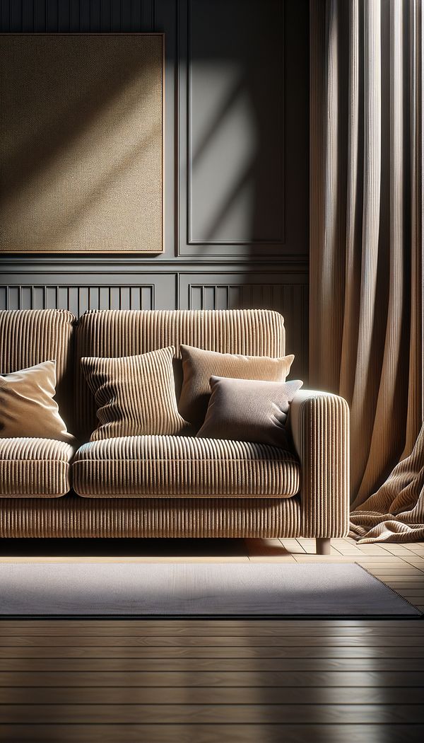 A cozy living room with a corduroy upholstered sofa, throw pillows on it, and curtains in the background, showcasing the fabric's textured appearance beautifully.