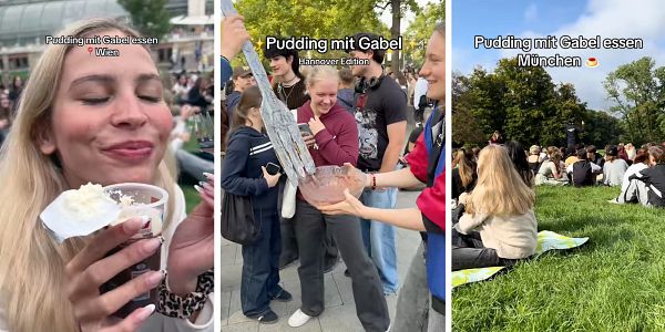 A collage of three scenes featuring people enjoying pudding in various park settings.
