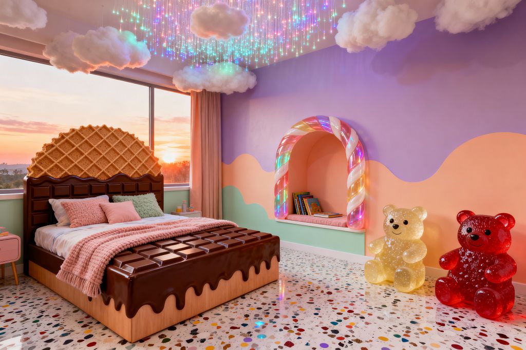 A whimsical kids’ bedroom with a bed shaped like a chocolate bar topped by a waffle-cone headboard faces a large window at sunset. Pastel lavender and peach wavy walls with mint trim frame a glowing candy-cane reading nook, confetti terrazzo floor, and two translucent gummy-bear chairs. The ceiling features fiber-optic rainbow lights and fluffy cloud sculptures, while soft pink bedding and pillows add coziness.