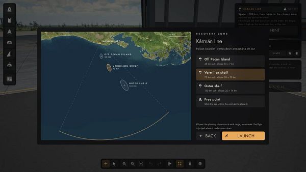Interactive screen for selecting a recovery zone over a coastal map with options and details visible.