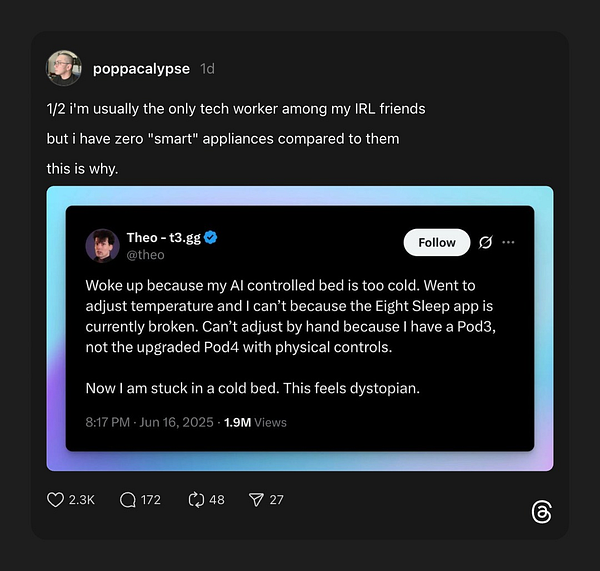 A tweet discussing the frustrations of relying on smart technology for comfort.