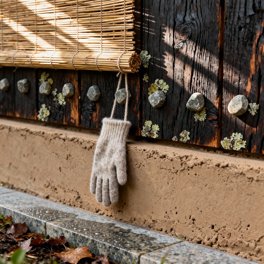 Close-up of a biophilic mudroom wall with a rolled bamboo blind above charred wood planks fitted with rounded river-stone hooks. A pale oatmeal wool glove hangs from one hook, with lichen speckling the dark timber. Below, a hand-troweled clay plaster base meets a speckled granite threshold where raindrops and fallen leaves collect, all lit by dappled sunlight across earthy textures and tones.