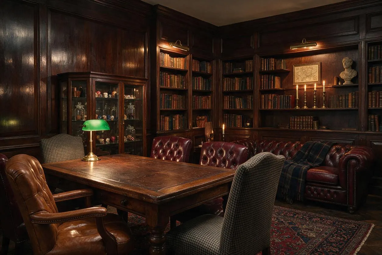 A moody dark academia game room with rich wood-paneled walls, built-in bookshelves filled with old books, and a large wooden game table surrounded by leather and upholstered chairs. A green banker’s lamp, brass candlelight, and a tufted burgundy sofa create a warm, scholarly atmosphere.