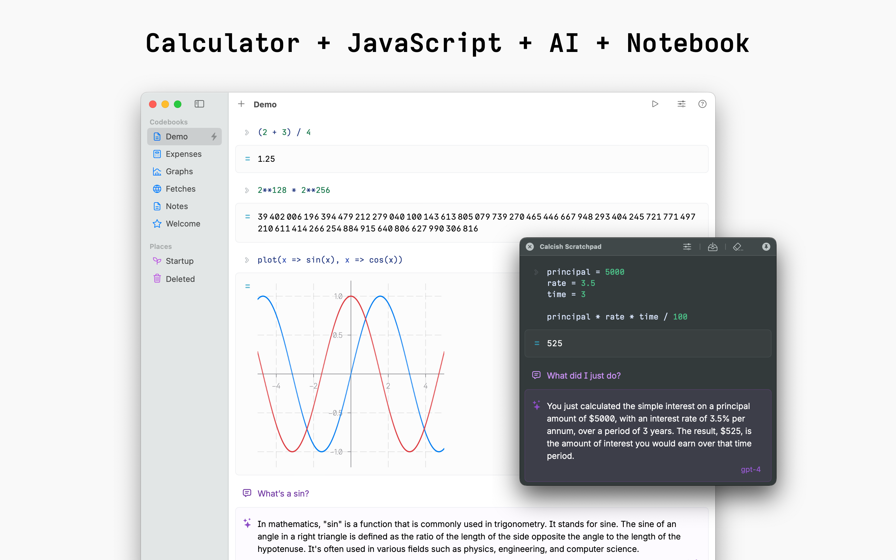 Calcish: Calculator + JavaScript + AI + Notebook
