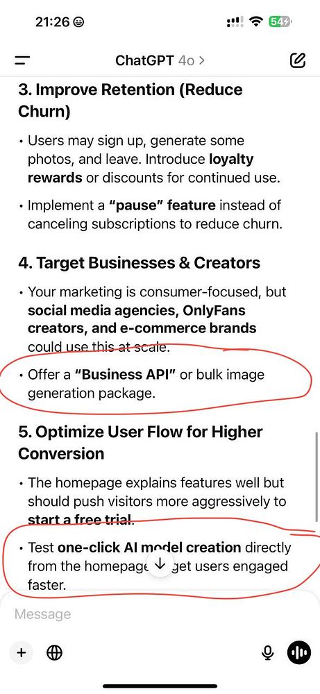 The image displays a screenshot of a note-taking app with a list of strategies to improve a business's monthly recurring revenue (MRR) related to photo AI services.