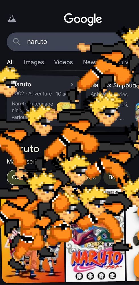 A Google search interface displaying results for 'Naruto' with animated pixel art characters overlaying the screen.
