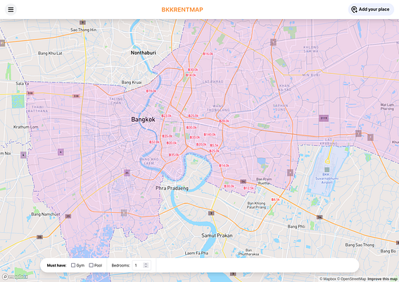 A detailed map of Bangkok highlighting rental prices in various areas.