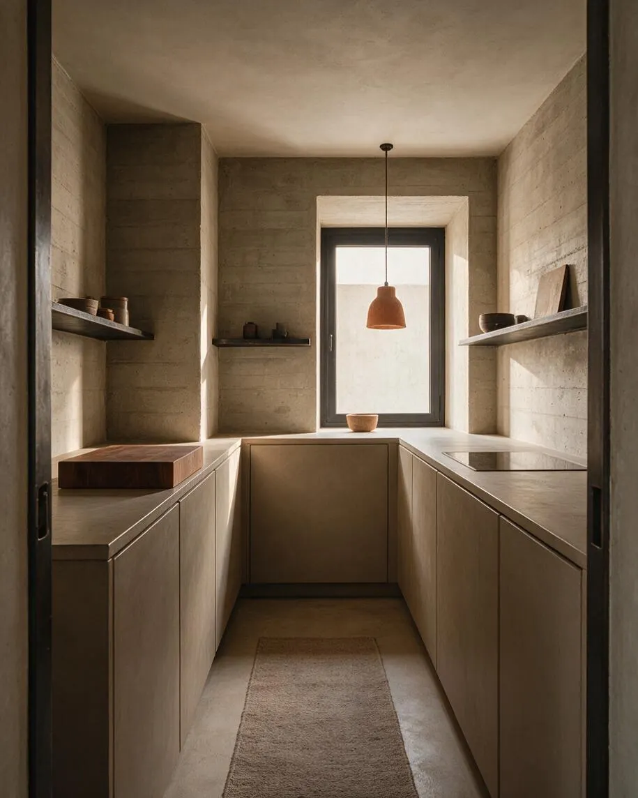 A narrow Brutalist-style kitchen with smooth concrete walls and ceiling, flat-front cabinetry in muted beige, and open shelves built into recessed wall niches. A single terracotta pendant hangs above a small window, while a wood cutting board, simple bowls, and a neutral runner add warmth to the restrained, monolithic space.