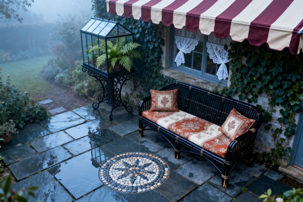 An intimate garden patio features wet blue-gray slate pavers centered by a round pebble mosaic medallion. Against an ivy-clad stone wall, a black rattan settee with rust-and-ivory damask cushions sits beneath a burgundy-and-cream striped awning; nearby, a wrought-iron plant stand supports a small glass greenhouse with ferns, while a blue-gray window with tied lace café curtains overlooks the misty lawn and borders.