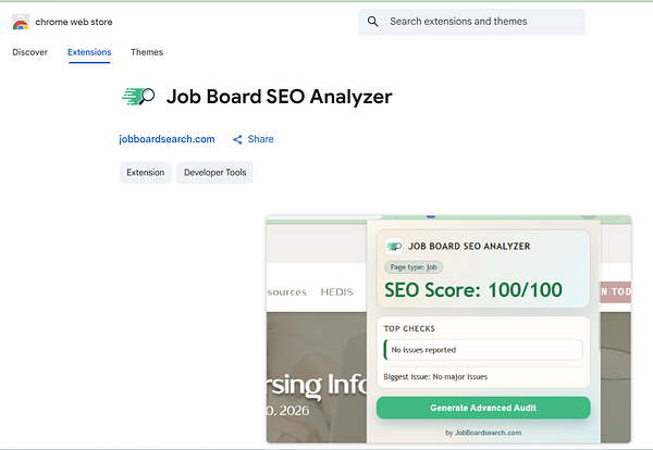 Screenshot of the Chrome Web Store page for the 'Job Board Search' Chrome Extension showing details, metrics, and screenshots.