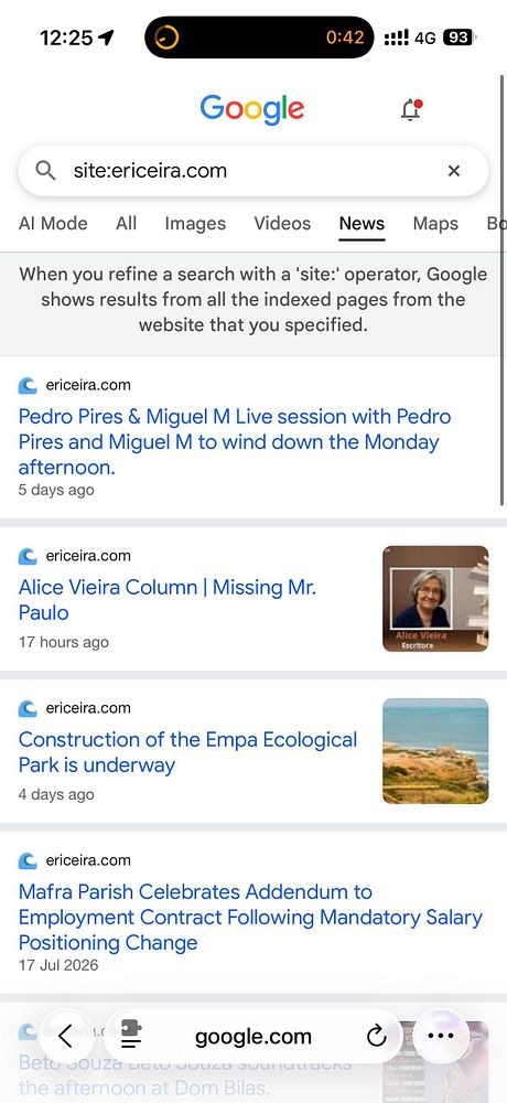 A webpage screenshot showing the Ericeira.com homepage with news and a navigation menu at the top.