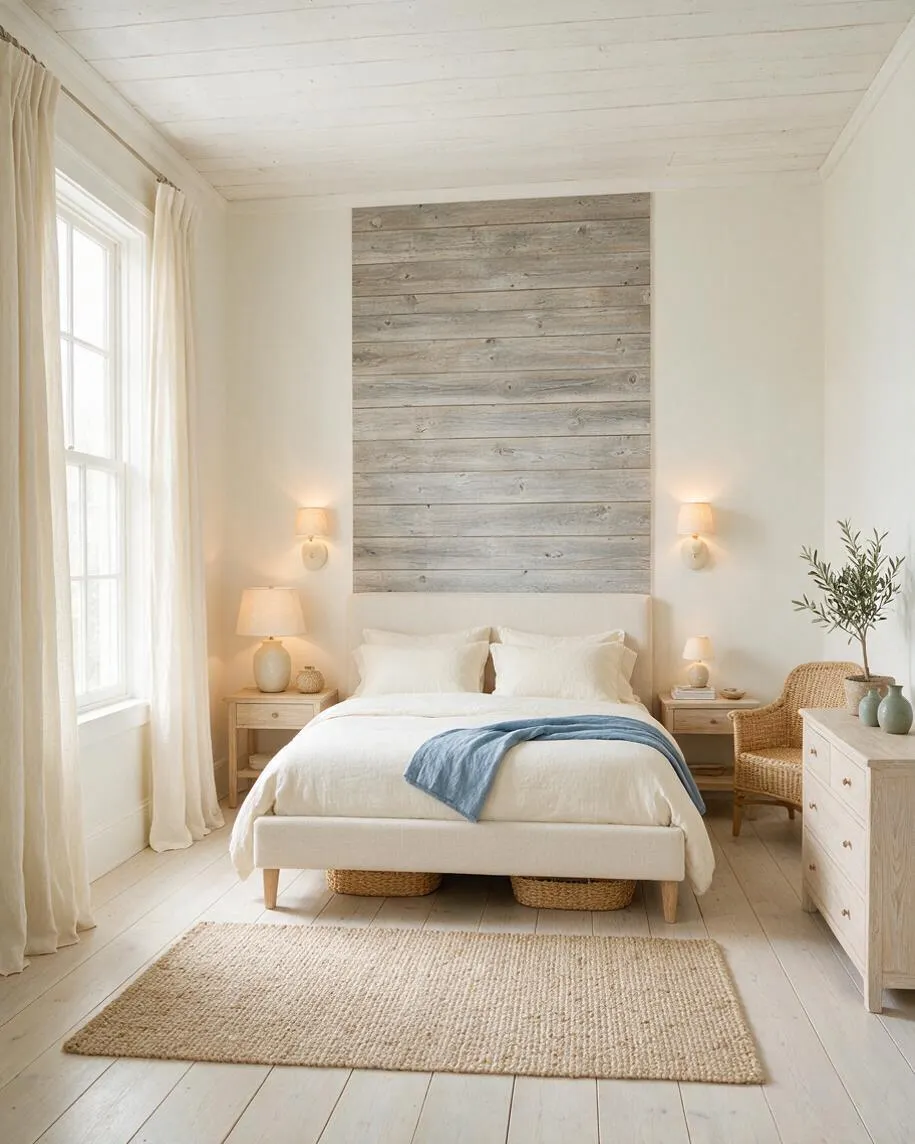A bright coastal master bedroom with a white upholstered bed centered under a weathered wood plank accent panel. Cream curtains frame tall windows on the left, while matching bedside tables, woven accents, and a pale blue throw add warmth and relaxed seaside character.