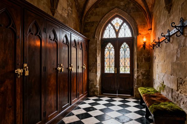 A Gothic-style mudroom shows dark-stained oak lockers with pointed-arch panels and brass padlocks lining the left wall, opposite limestone block walls with scrolling black wrought-iron coat hooks. At the end, arched double doors with diamond-pattern leaded glass sit beneath a ribbed vaulted ceiling; an amber wall sconce and a black-and-white checkerboard floor frame a dark wood bench with moss-green upholstery, creating a moody, historic welcome.