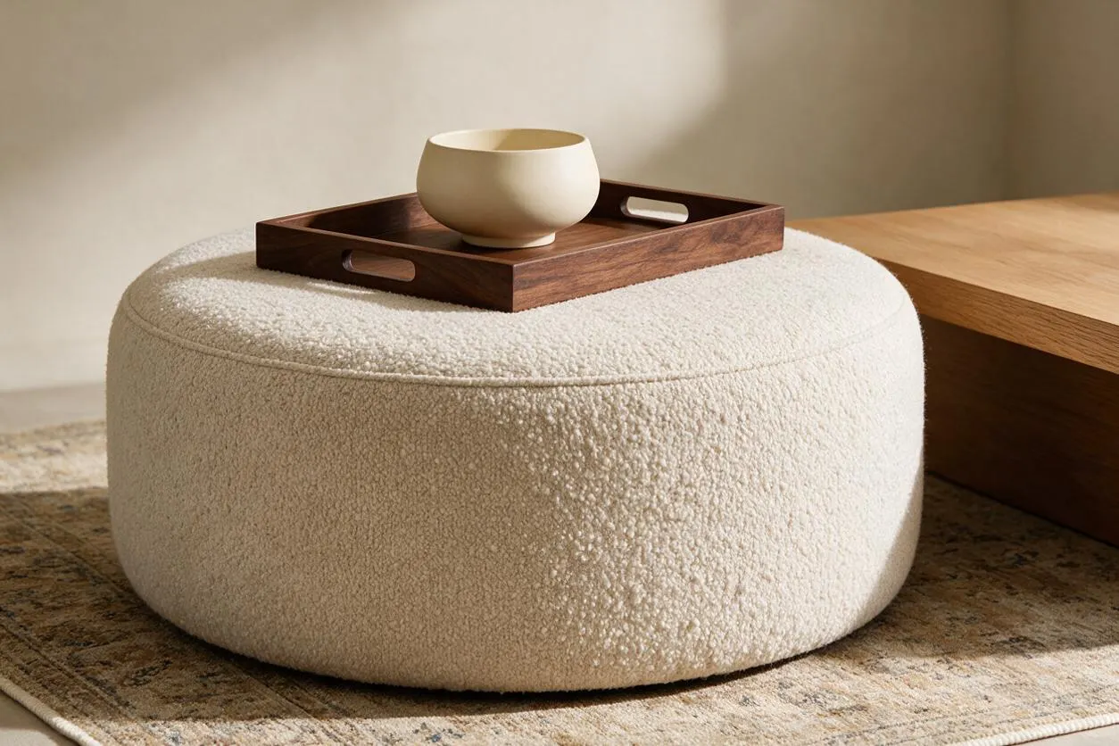 A rounded ottoman upholstered in cream bouclé sits on a patterned rug, topped with a dark walnut tray holding a small ivory bowl. A light oak bench or table is placed beside it, and the warm neutral room is lit by soft natural sunlight.