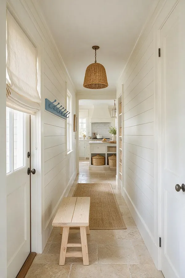 A narrow coastal-style entryway with white shiplap walls, a woven pendant light, and a light wood bench in the foreground. A jute runner, blue wall hooks, and soft neutral finishes lead the eye toward a bright kitchen beyond.