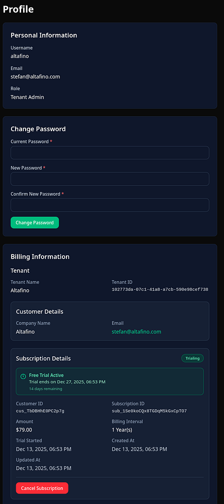 The image displays a user profile interface for a SaaS application, detailing personal and billing information.