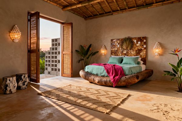 A tropical bedroom with a bamboo ceiling, plaster walls, and a sunlit concrete floor. A low driftwood bed with teal bedding and a fuchsia throw sits beneath a mosaic wood headboard centered by a dried palm frond, flanked by glowing shell sconces. Woven rattan double doors open to the outdoors, while a chevron jute rug, bird-of-paradise plants, and two bleached stump stools complete the natural, coastal look.