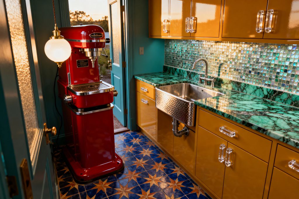 A compact maximalist laundry room features mustard lacquer cabinets with clear pulls, an emerald-green marble countertop, and an iridescent aqua glass mosaic backsplash. A hammered stainless apron-front sink sits beneath a polished faucet, while a glossy red vintage industrial machine stands beside a teal door; cobalt blue starburst floor tiles and a brass-capped globe pendant add pattern and shine, illuminated by daylight from the open door.
