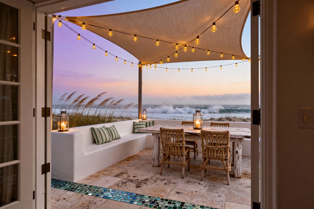 A view from open French doors to a beachfront patio at sunset. A white stucco built-in bench lines two sides, topped with green-and-white striped pillows. A rustic whitewashed wooden dining table is surrounded by rope-wrapped chairs. Metal lanterns with lit candles sit on the table and on the bench ledges. Overhead, a sand-colored canvas shade sail and strands of Edison bulbs create warm light. The floor is tumbled stone with a narrow band of blue-green glass mosaic beside seagrass and ocean waves.