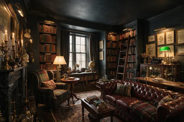 A moody Dark Academia living room with floor-to-ceiling bookshelves, a tall window, and layered vintage furnishings. The space features a tufted leather sofa, a plaid armchair, warm table lamps, brass candleholders, framed botanical art, and dark walls that create a scholarly, intimate atmosphere.