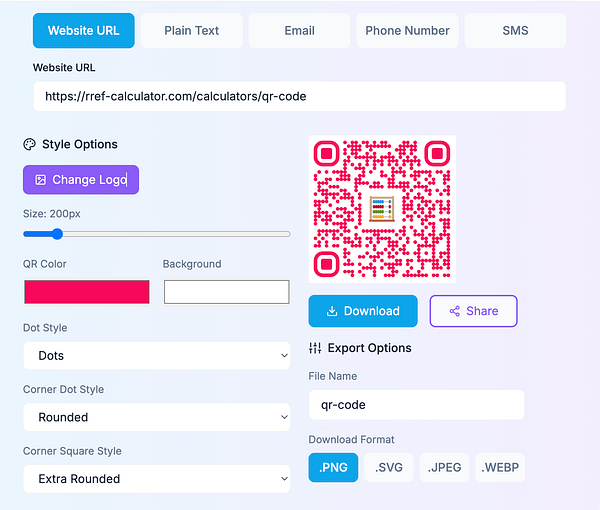 The image displays a QR code generator interface with various customization options.