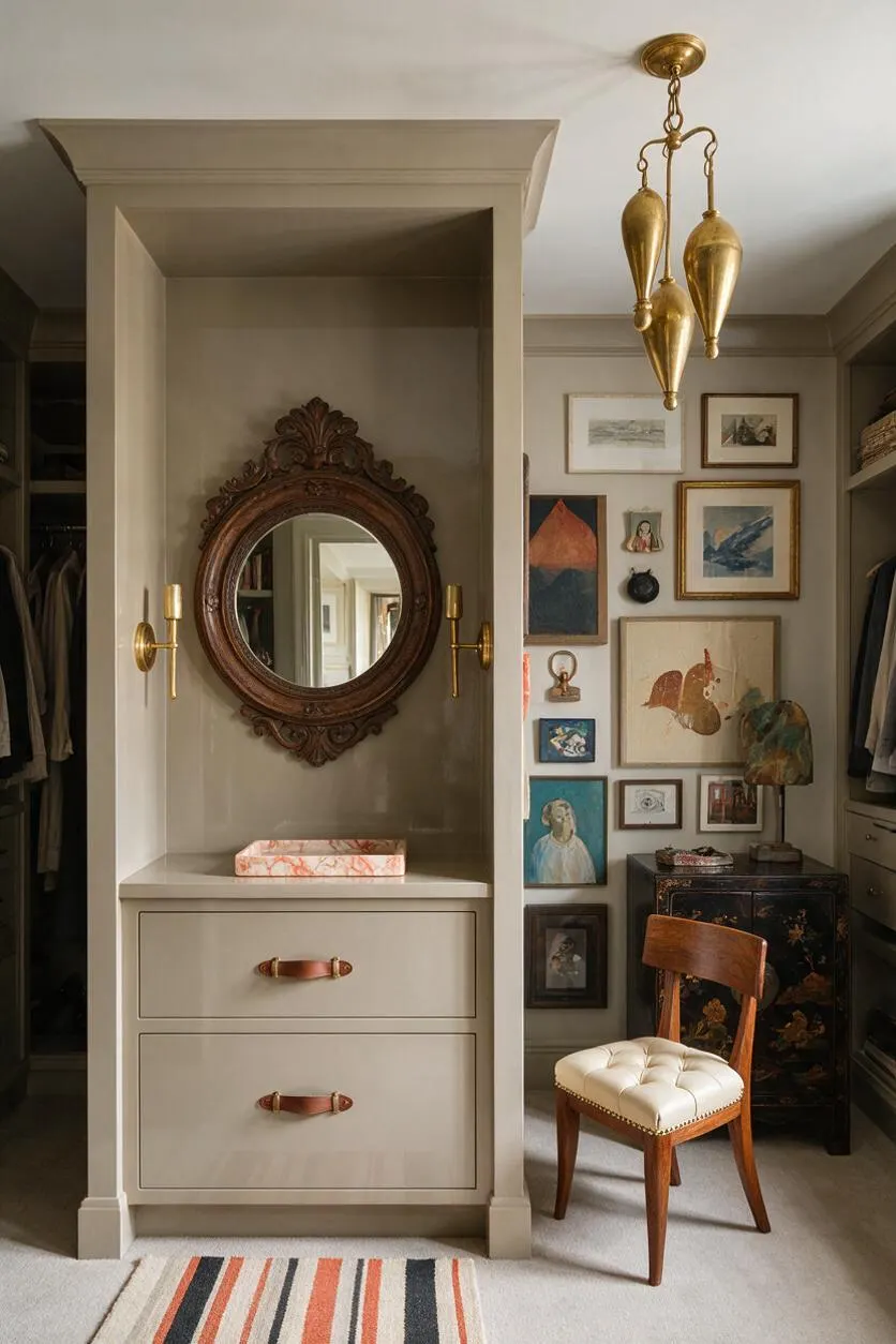 A closet with built-in taupe cabinetry, a carved round wooden mirror, brass wall sconces, and two drawers with leather pulls. The adjacent wall is filled with framed artwork, and a tufted cushioned wooden chair sits beside a black decorative cabinet, all under a brass pendant light.