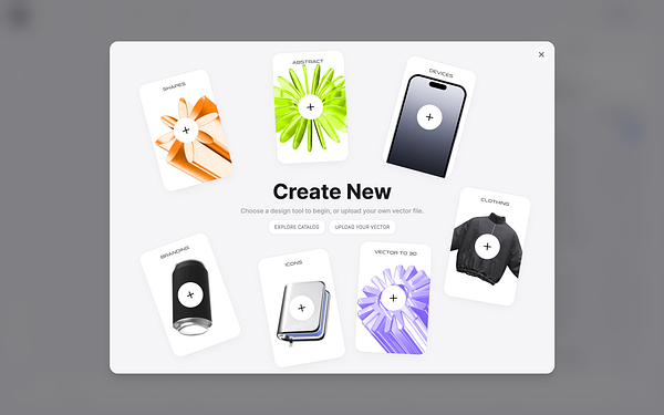 A modal interface for creating new design projects with various categories displayed as cards.