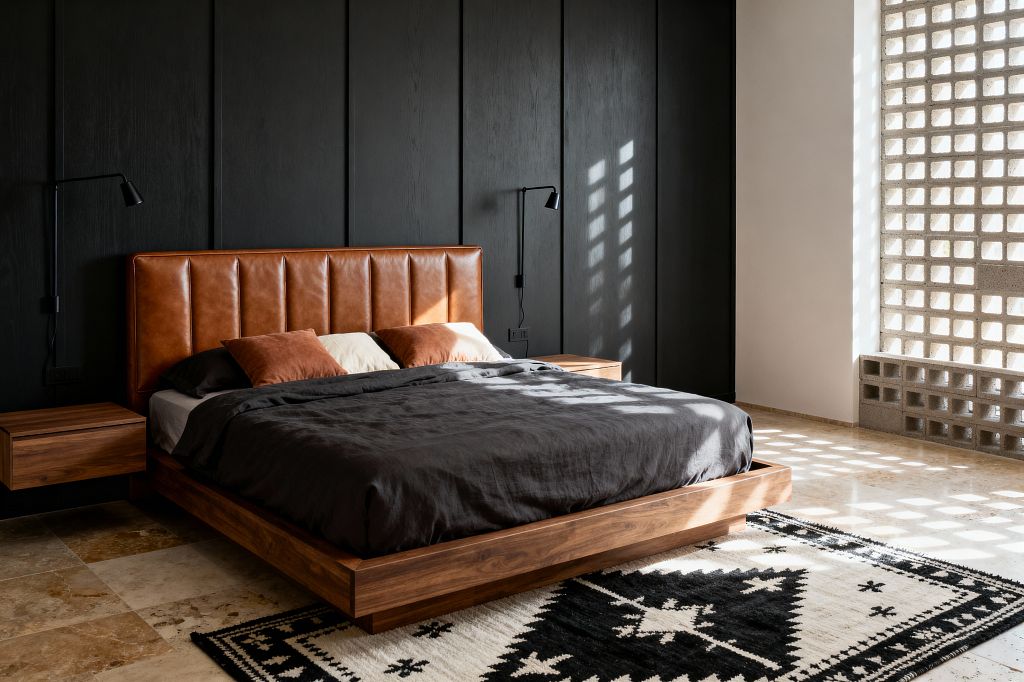 A mid-century modern bedroom with a low walnut platform bed and a caramel leather channel-tufted headboard set against a black vertically paneled wall. Floating walnut nightstands and matte black plug-in reading sconces flank the bed. The floor is light travertine with a black-and-ivory geometric rug. At right, a concrete breeze-block screen filters sunlight, casting square patterns across the wall, charcoal bedding, and rust and cream accent pillows.