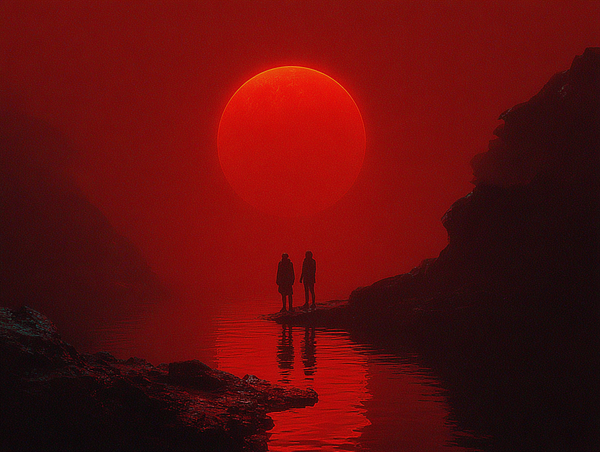 A dramatic scene featuring two silhouetted figures standing by a reflective body of water under a large, glowing red sun.