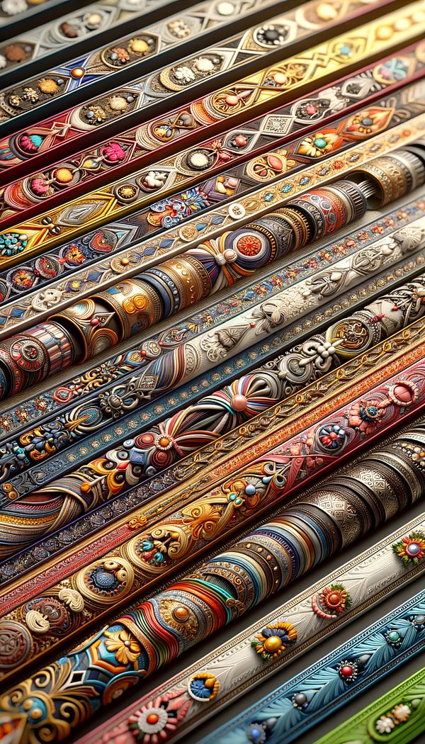 an assortment of gimp trims displayed next to each other, highlighting their different colors, patterns, and textures