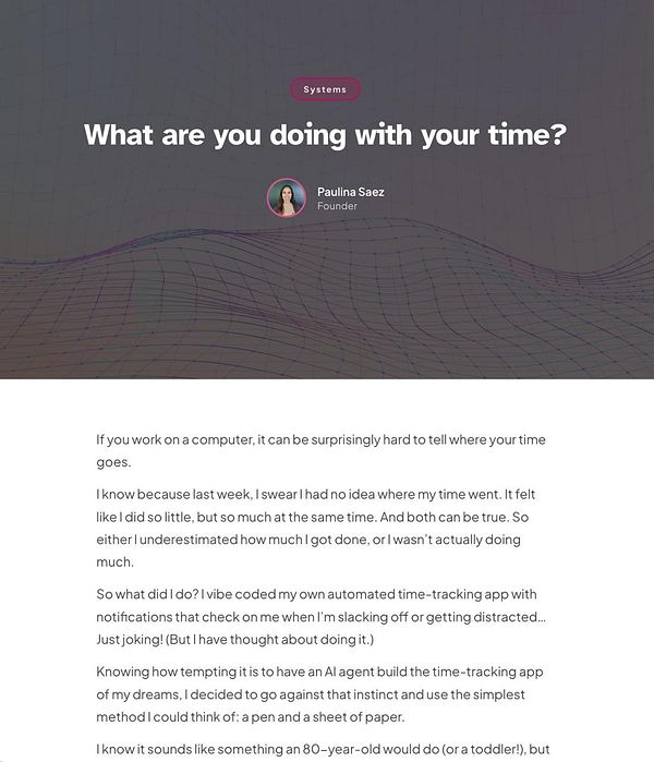 A blog post titled 'What are you doing with your time?' by Paulina Saez, discussing challenges and methods of time tracking.