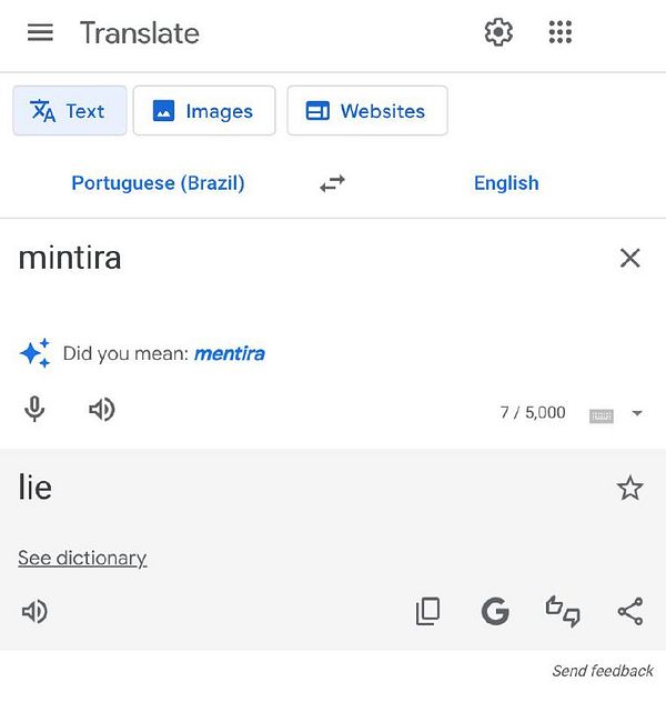 The image displays a translation interface showing the Portuguese word 'mintira' and its English equivalent 'lie'.