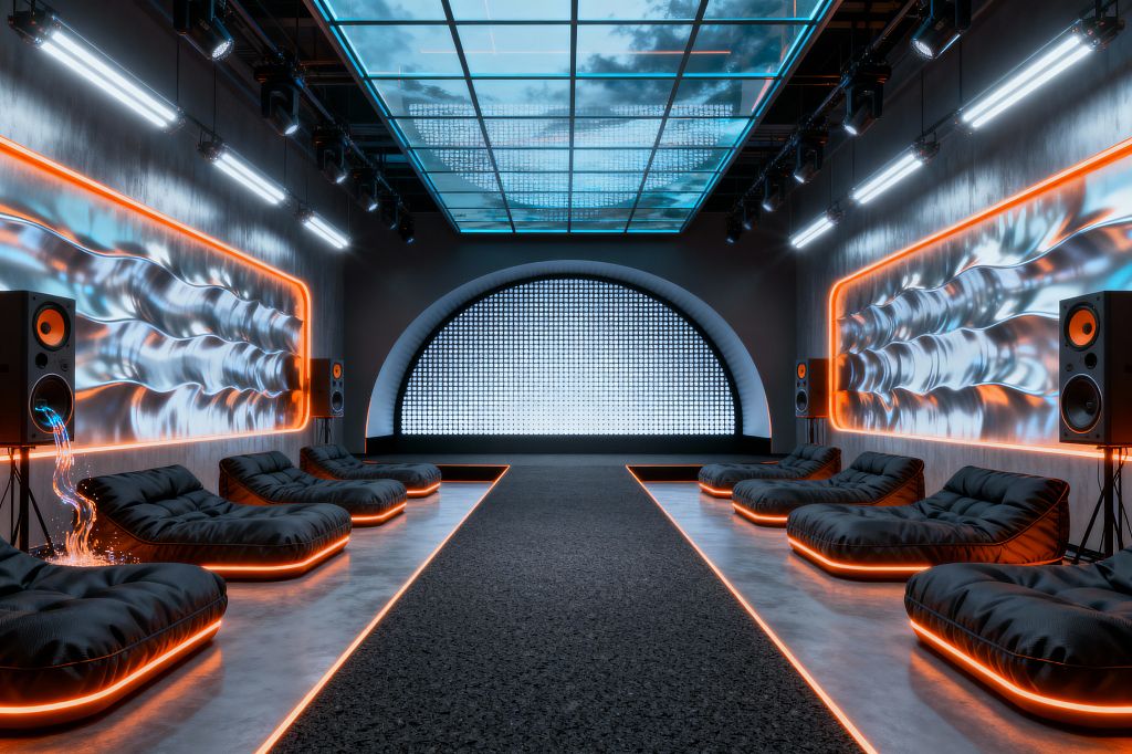 A symmetrical cyberpunk media room features low black chaise lounges underlit with neon orange, flanking a central dark carpet aisle between polished concrete runways. Wavy brushed-metal wall panels outlined by orange LEDs and tall floor speakers line both sides, while a large arched pixel LED screen spans the back wall beneath a glass grid ceiling and exposed lighting truss that washes the gray concrete envelope in cool blue light.