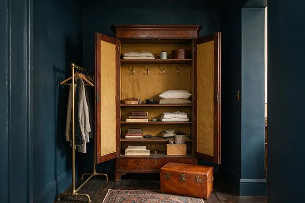 A dark academia-style closet with deep blue walls and an open antique wooden wardrobe lined in warm ochre fabric. Inside are folded linens, stacked books, small boxes, and hooks, with a brass garment rack on the left and a vintage leather trunk on the floor in front.