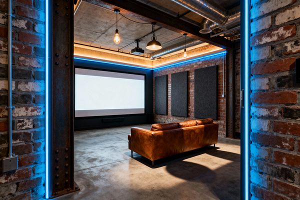 Industrial-style media room with exposed brick walls, riveted steel columns, and a concrete floor facing a large wall-mounted projection screen above a slim black soundbar. A cognac leather sofa sits centered in the room. Charcoal fabric acoustic panels line the side wall. Overhead, visible galvanized ductwork and a concrete ceiling feature Edison-bulb pendants. Blue LED strips outline the doorway and ceiling perimeter, adding cool contrast to the warm brick and leather.