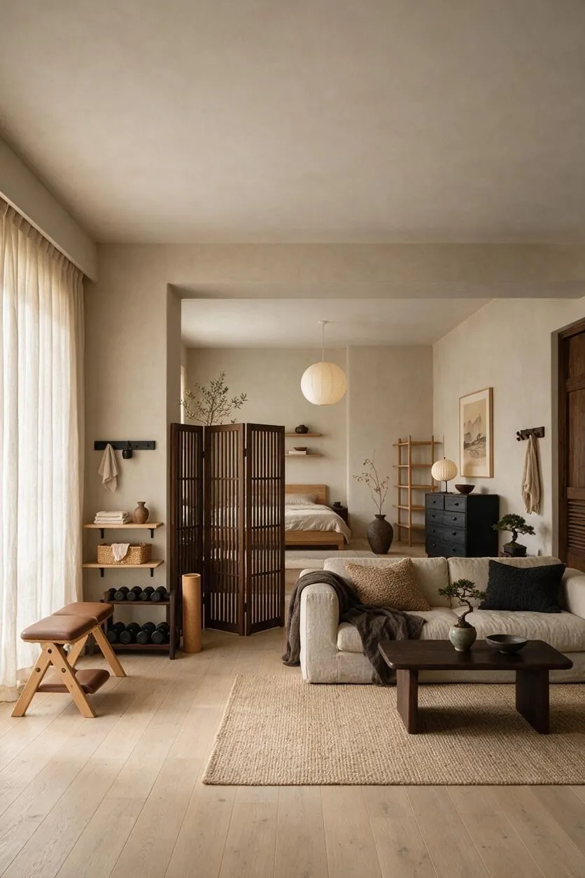 A calm Japandi-style home gym combining workout and lounge zones, with a folding wood screen, dumbbell racks, a bench, and soft neutral furnishings. The space features beige walls, light wood floors, a linen sofa, dark wood coffee table, paper lantern lighting, and natural decor for a peaceful, balanced feel.