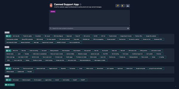 The image displays the interface of the Canned Support App, showcasing various preset responses for customer support tasks.