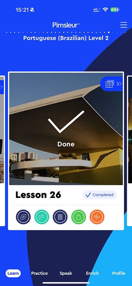 The image displays a completed lesson screen from the Pimsleur language learning app for Brazilian Portuguese.