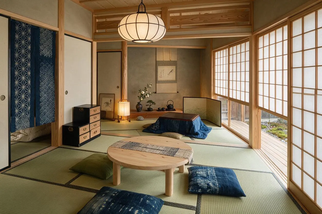A calm Japanese Zen-style sunroom with tatami mat flooring, sliding shoji screens, and warm wooden framing. Low floor cushions, a round wooden table, a paper lantern pendant, and a small alcove with decor and a hanging scroll create a peaceful, minimalist atmosphere.