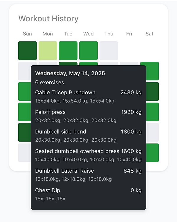 The image displays a workout history log for a specific date, detailing various exercises and their corresponding weights.