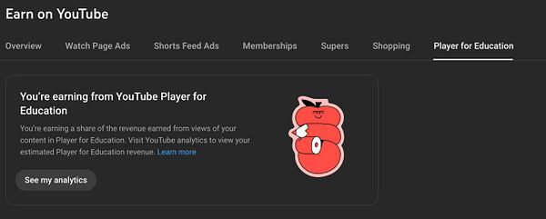 The image displays a YouTube interface focused on the 'Player for Education' feature.